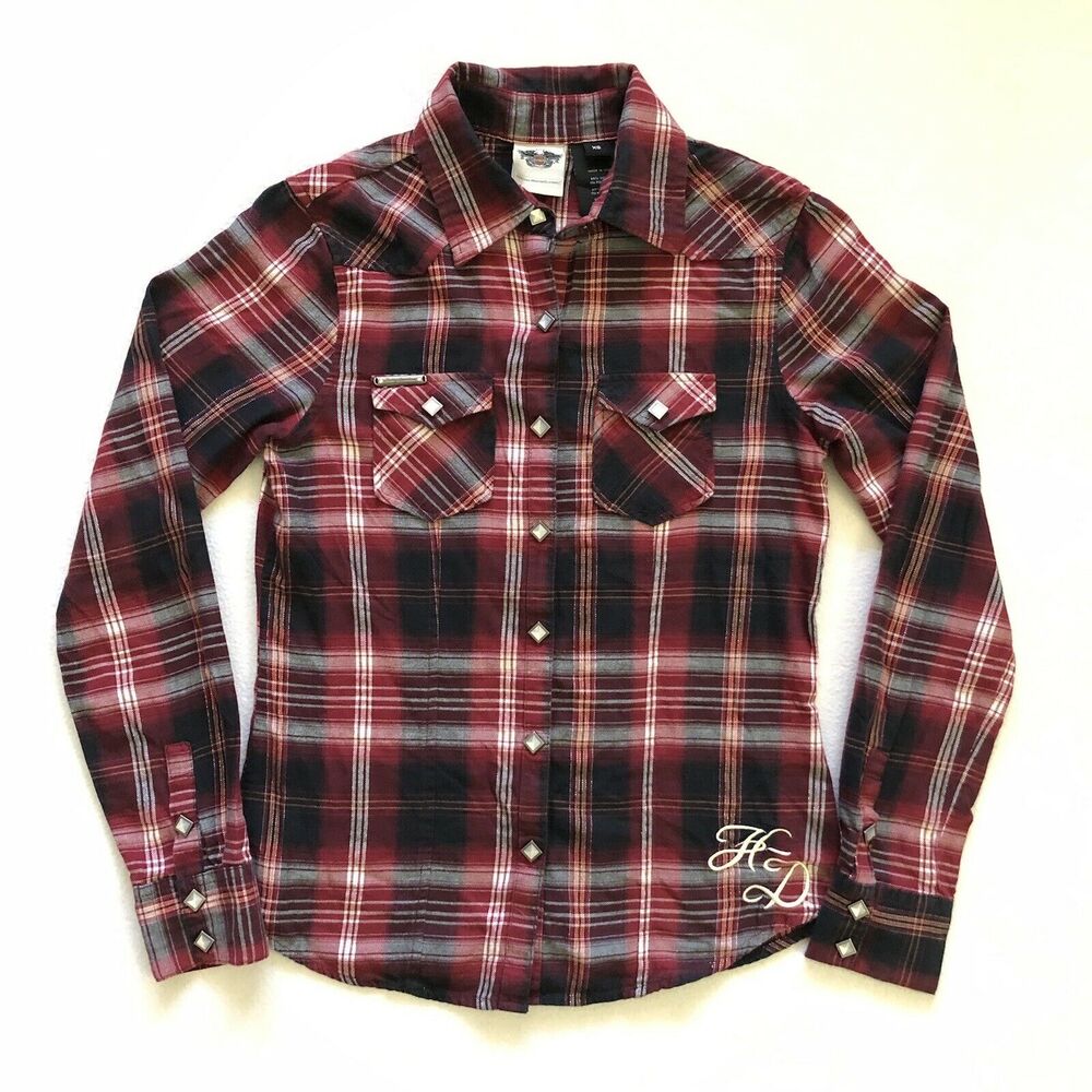 Harley-Davidson Red Orange Black Plaid Snap Front Embroidered Western Shirt XS